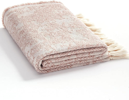 Throw Blanket, Machine Washable Fringes Wool Blanket, Cozy Soft Throw Blanket for Couch Bed Sofa, Camping Blanket for Survival, Emergency, Farmhouse Outdoor Blanket (59" X 60",Pink)