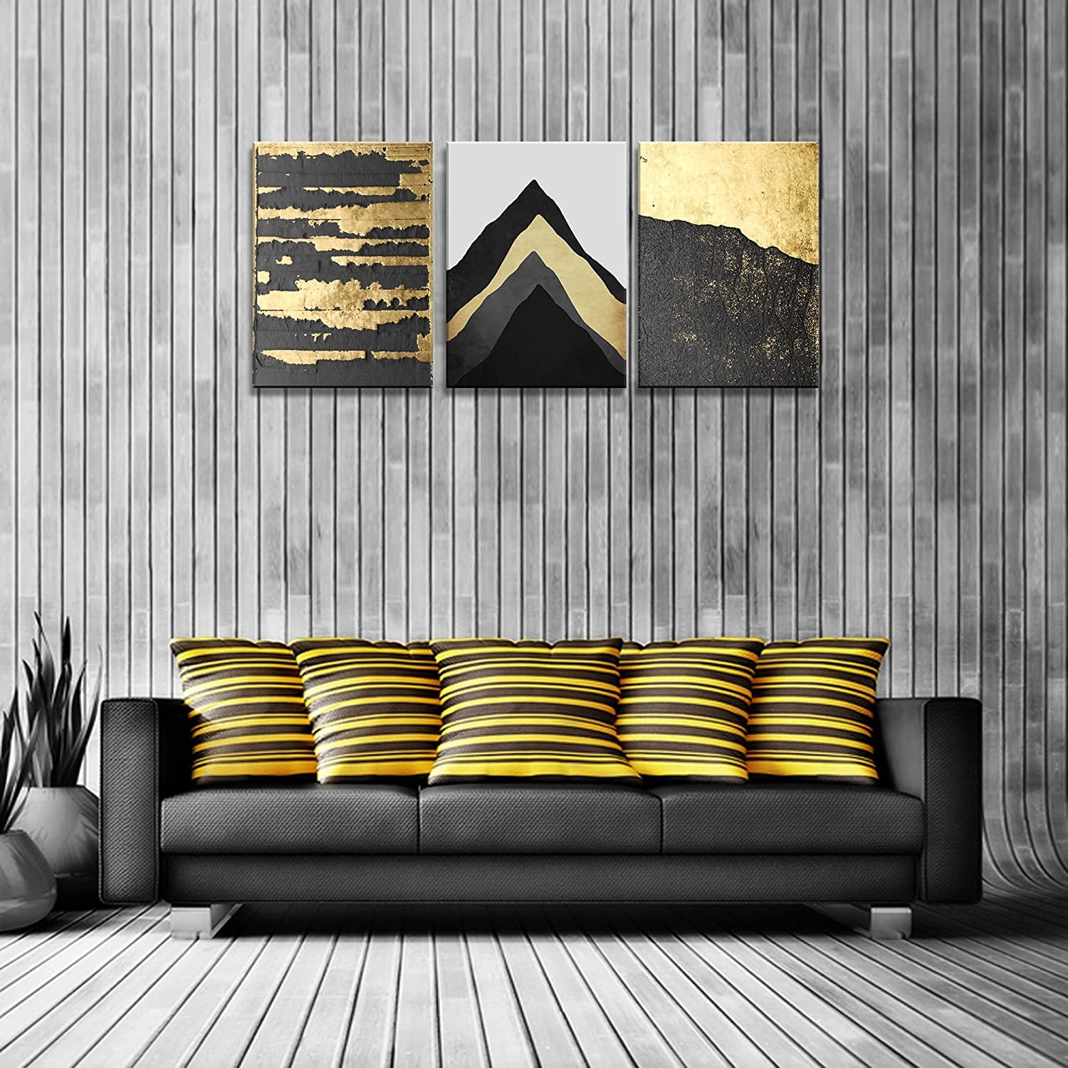 A73734 Abstract Black Gold Mountain 12X16 Inchx3 Panels Canvas Prints Wall Art for Living Room Bedroom Decoration Home Decor