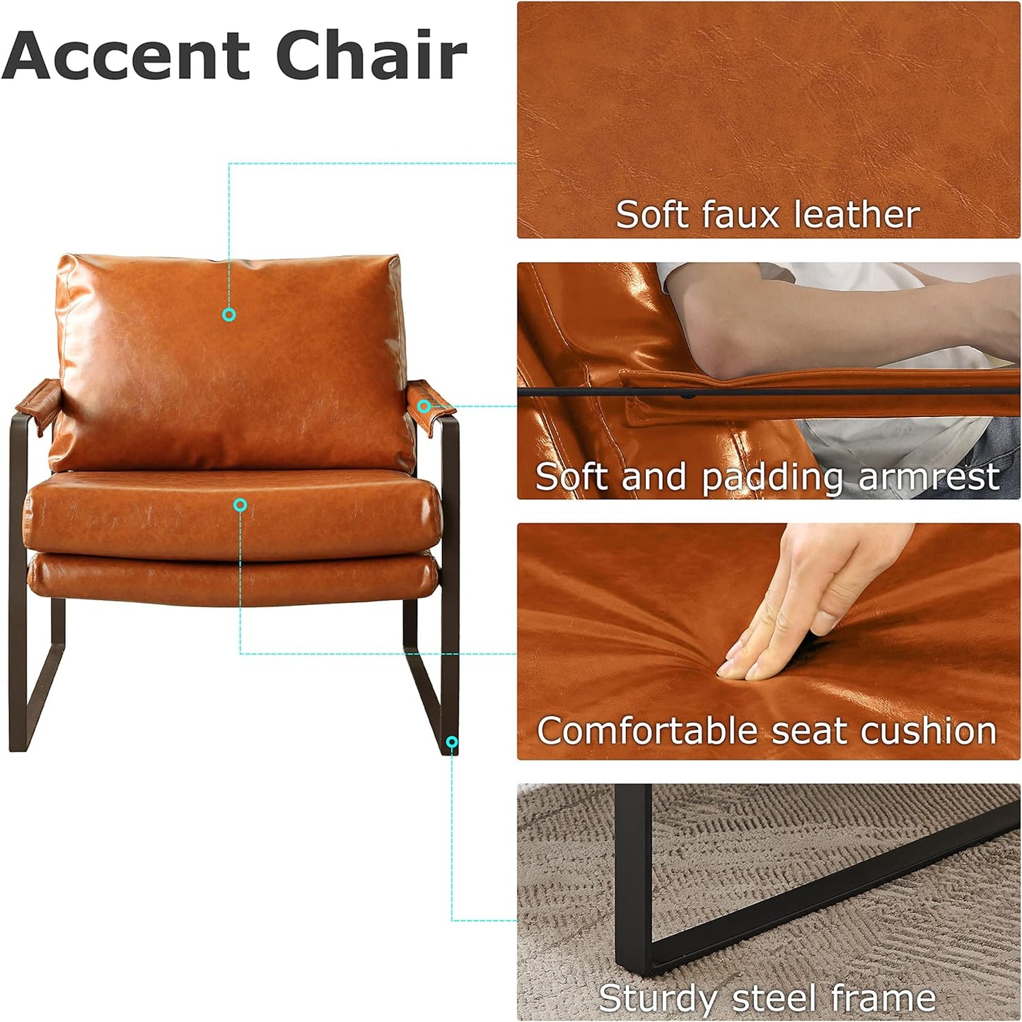 Accent Chairs for Living Room Chair Set of 2, Modern Mid Century Faux Leather Modern Chair with Arms, Single Sofa, Black Powder Coated Metal Frame, Cognac