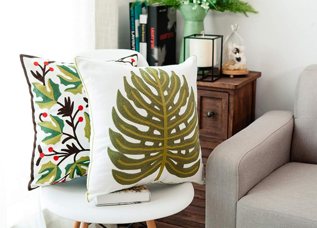 Embroidered Decorative Throw Pillows Cover 18X18 Boho Farmhouse Square Pillow Case for Couch Sofa Bed, Plant Floral Patterns Home Decor Pillows Cover, Embroidery Pattern Fall Pillow Cover