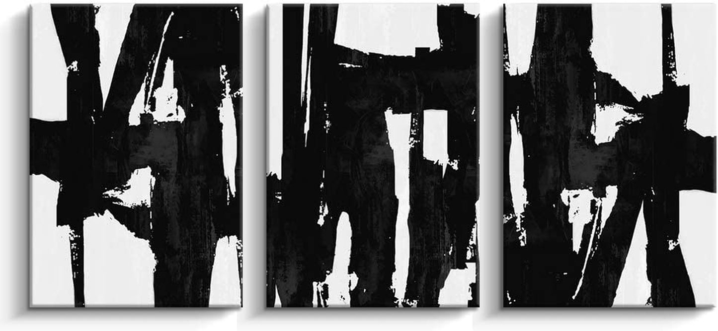 3 Panels Black and White Abstract Canvas Wall Art Prints 3D Textured Painting for Living Room (Large)