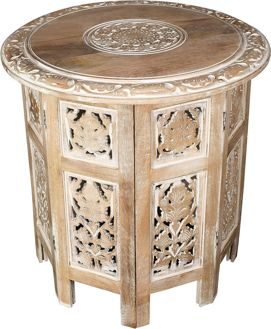 Round Side Table,Small Table, round End Table,Side Table, Side Tables Living Room,End Table,Altar Table, Carved Side Table,Wood Accent Table,Carved Wood Table 18" round Top X 18" High White Wash