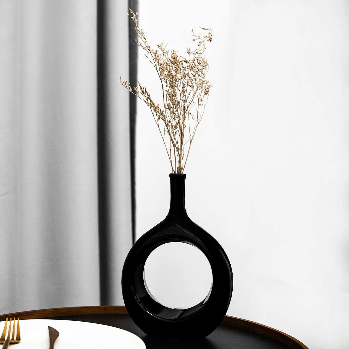 Samawi 10" Black Vase Black Ceramic Vase Black Decor Black Vase Set Black Flower Vase Black Vases for Decor Black Tall Vase Modern Living Room Decor Modern Vases for Home Decor Black Modern Vase