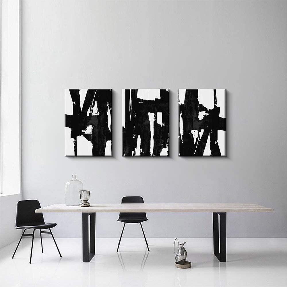 3 Panels Black and White Abstract Canvas Wall Art Prints 3D Textured Painting for Living Room (Large)