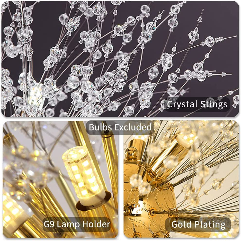 Modern Living Room Chandeliers,Gold Crystal Fireworks Sputnik Ceiling Light Fixture,9-Light Pendant Lighting for Dining Room Bedroom Bathroom Restaurant Kitchen Foyer Girls Room