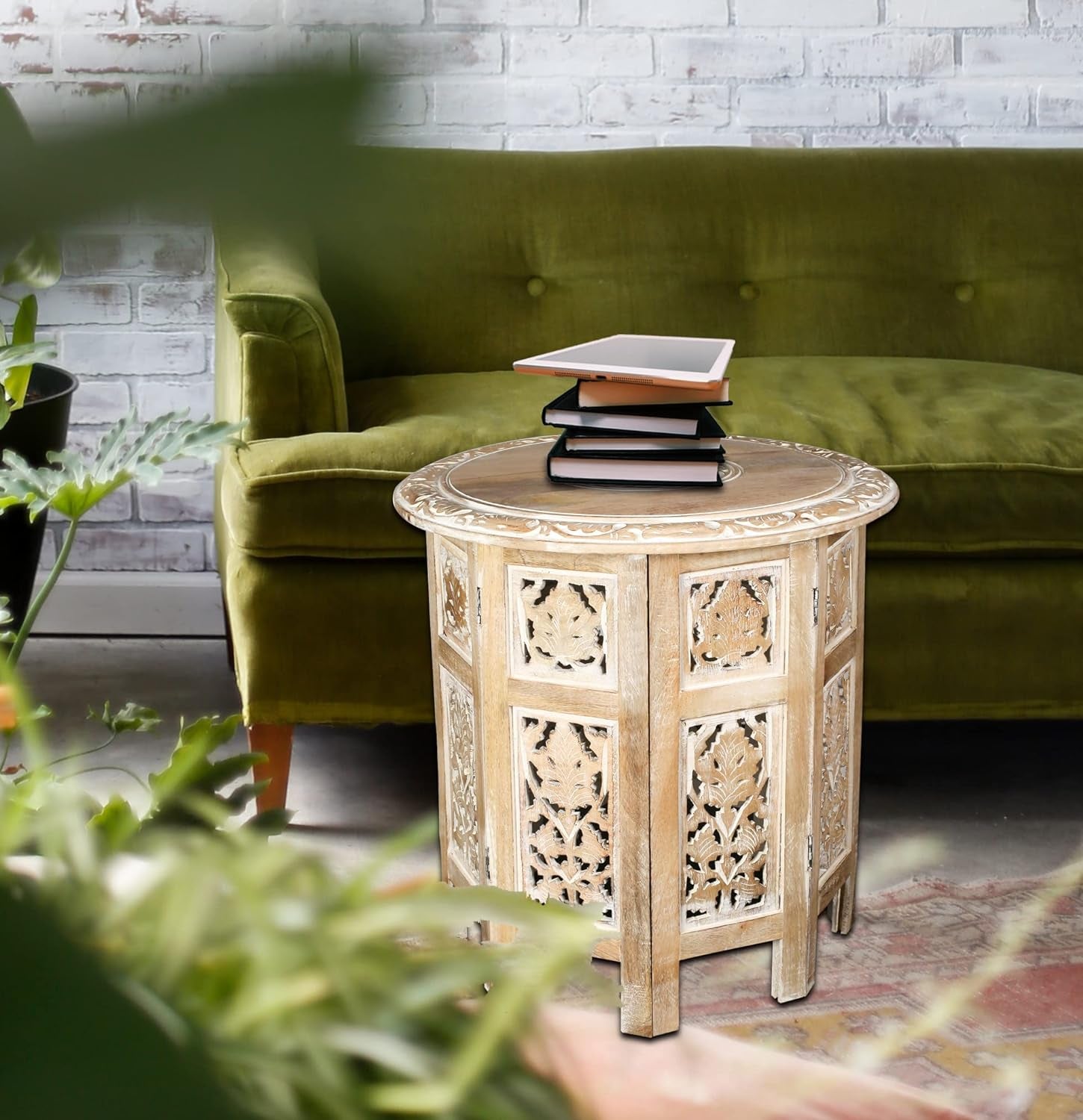 Round Side Table,Small Table, round End Table,Side Table, Side Tables Living Room,End Table,Altar Table, Carved Side Table,Wood Accent Table,Carved Wood Table 18" round Top X 18" High White Wash