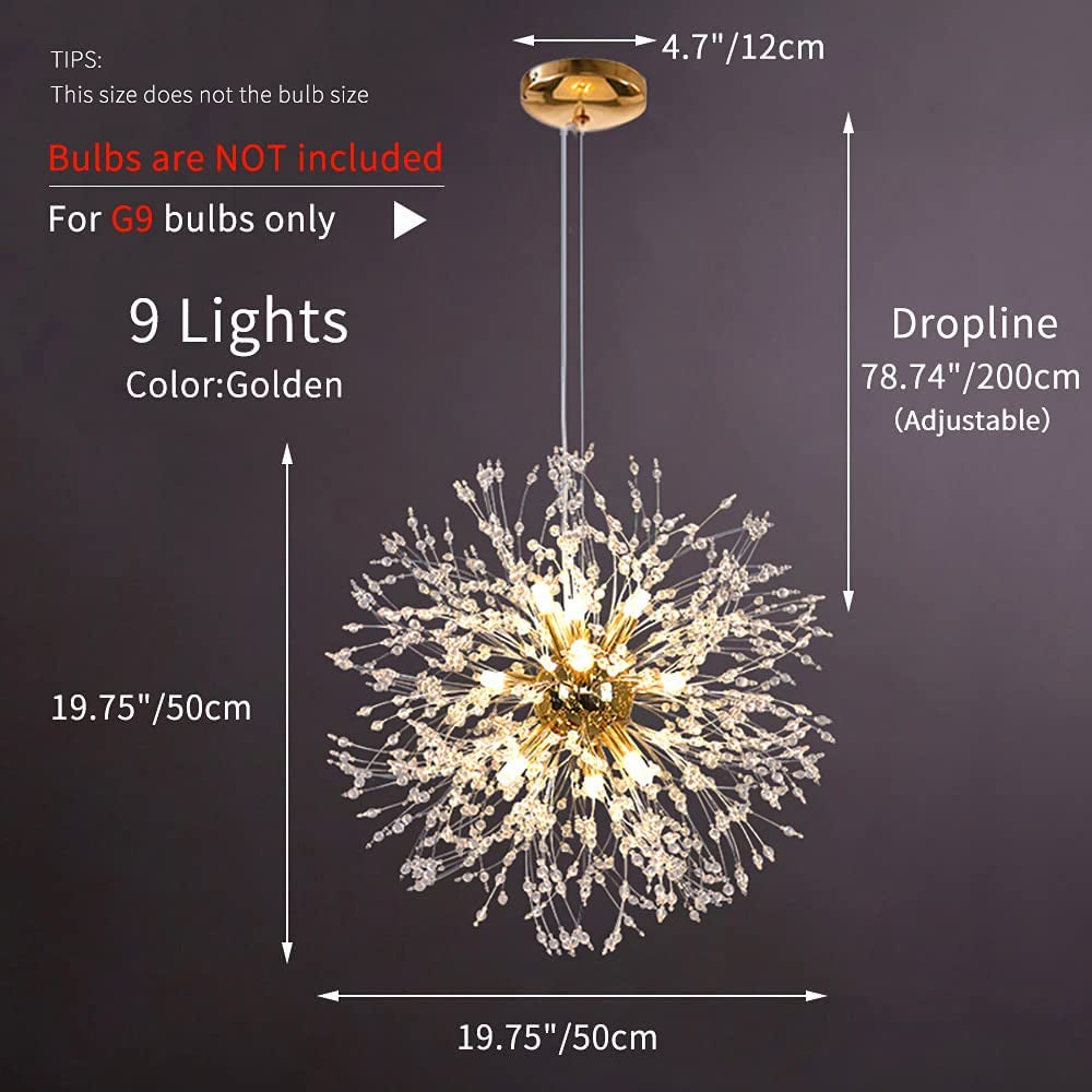 Modern Living Room Chandeliers,Gold Crystal Fireworks Sputnik Ceiling Light Fixture,9-Light Pendant Lighting for Dining Room Bedroom Bathroom Restaurant Kitchen Foyer Girls Room