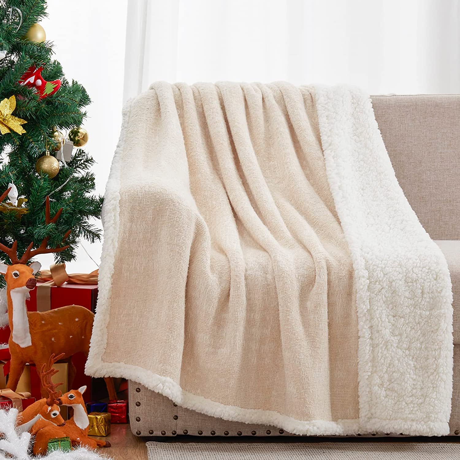 Throw Blanket, Reversible Sherpa Blanket with 30% Wool and 70% Cotton, Fuzzy Plush Fluffy Soft Blanket, Fall Winter Blanket for Couch Bed Sofa Chair (Cream, 50" X 60")