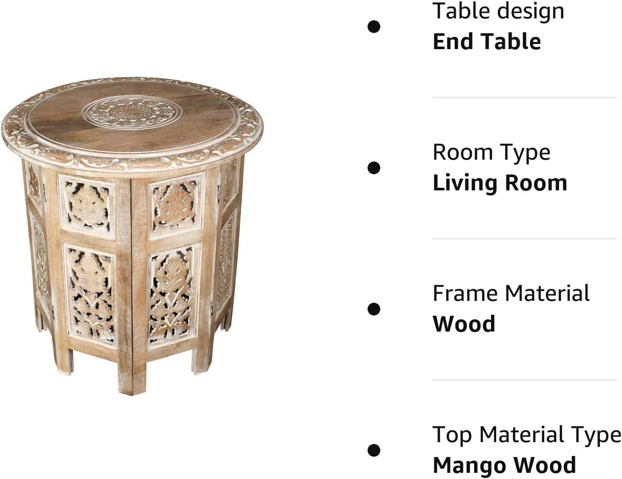 Round Side Table,Small Table, round End Table,Side Table, Side Tables Living Room,End Table,Altar Table, Carved Side Table,Wood Accent Table,Carved Wood Table 18" round Top X 18" High White Wash