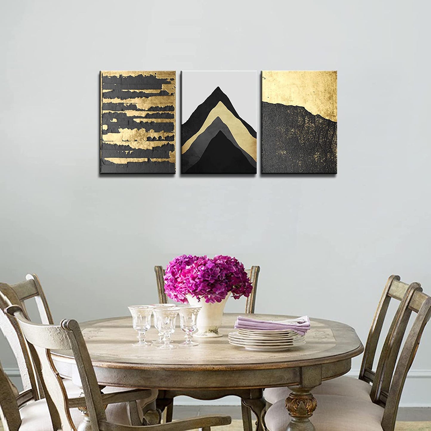 A73734 Abstract Black Gold Mountain 12X16 Inchx3 Panels Canvas Prints Wall Art for Living Room Bedroom Decoration Home Decor