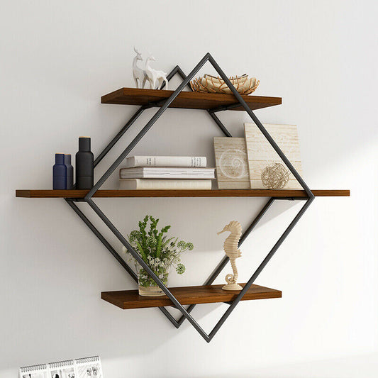 3 Tier Industrial Geometry Wood Floating Shelf Heavy Duty Hanging Wall Mounted Unit