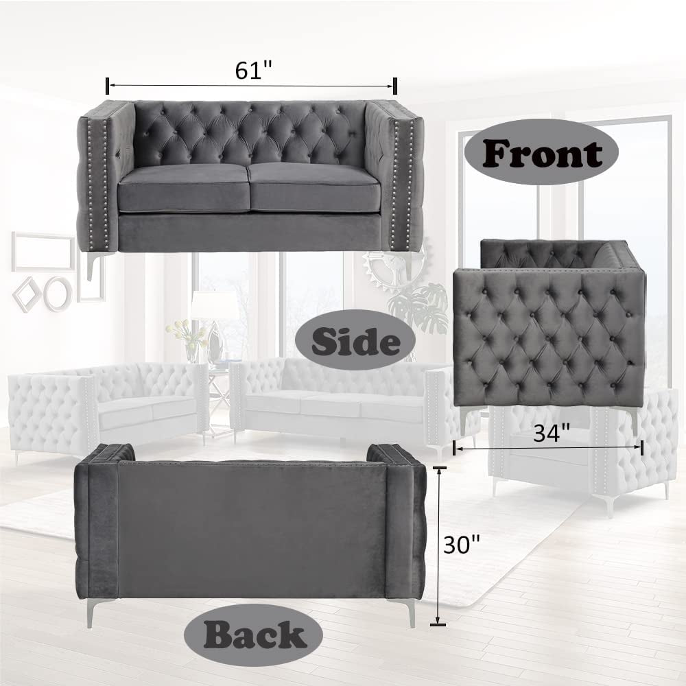 Living Room Furniture Sets 3 Pieces Velvet Sofa Set for Living Room Chair, Loveseat & Sofa Couches Set for Living Room Furniture with Dutch Velvet, Iron Legs - Grey