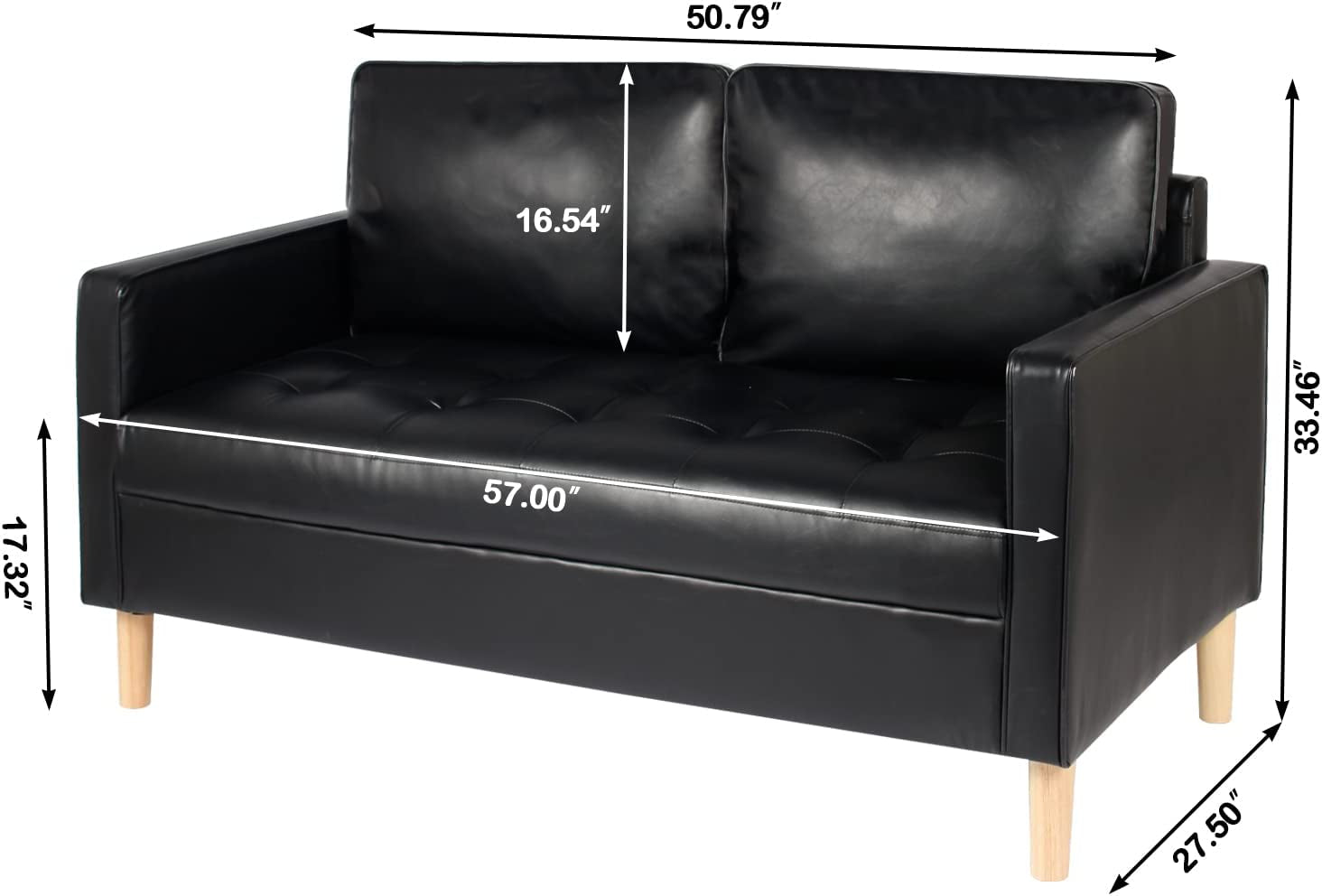 57" Modern Sofa Couch, Black Faux Leather Loveseat for Living Room, Comfy Office Love Seats, Small Couches for Small Space