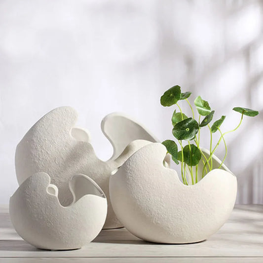 Modern White Ceramic Egg Shell Vase, Vegetarian Art Flower Pot, Home Desktop Decoration Ornaments, Crafts Gift