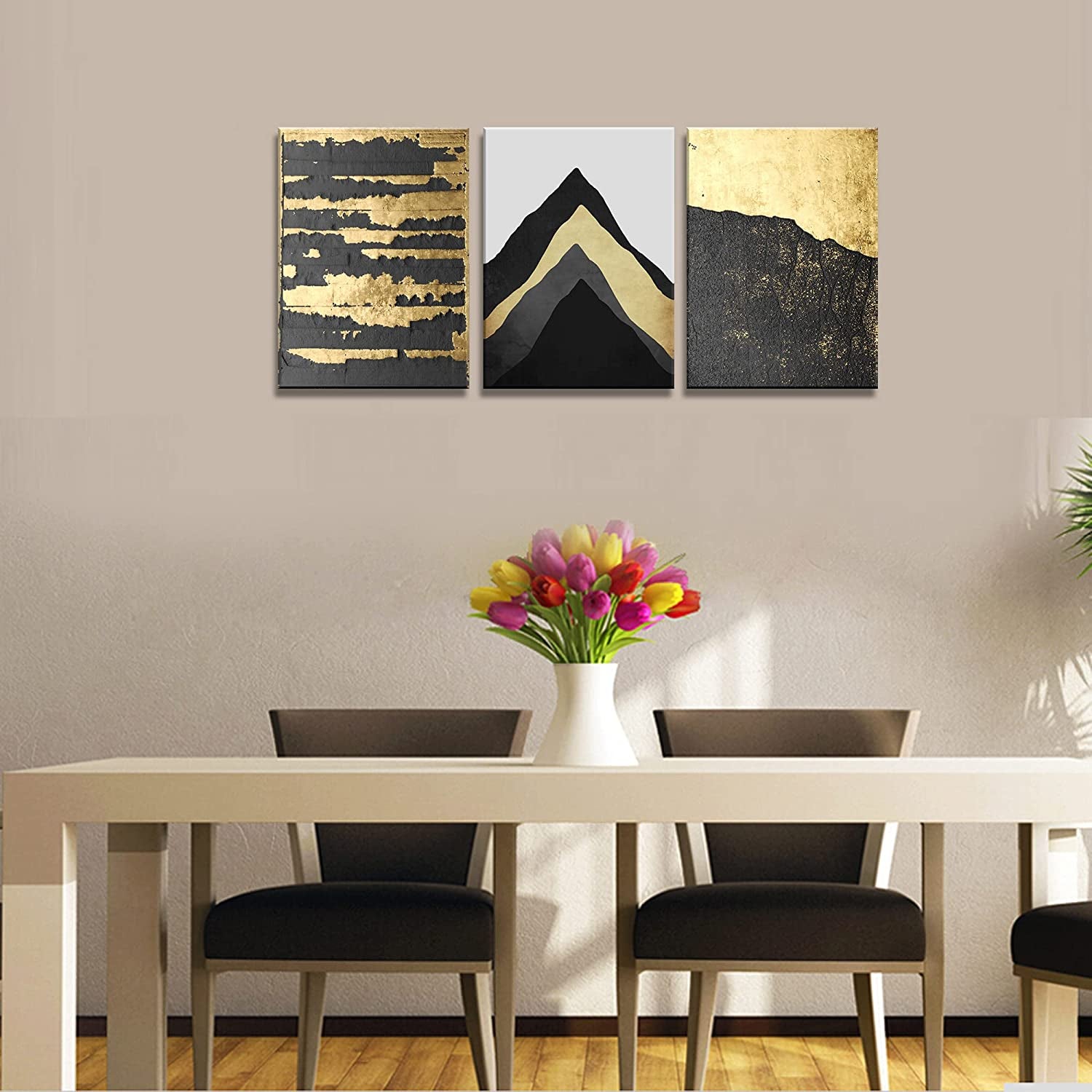 A73734 Abstract Black Gold Mountain 12X16 Inchx3 Panels Canvas Prints Wall Art for Living Room Bedroom Decoration Home Decor