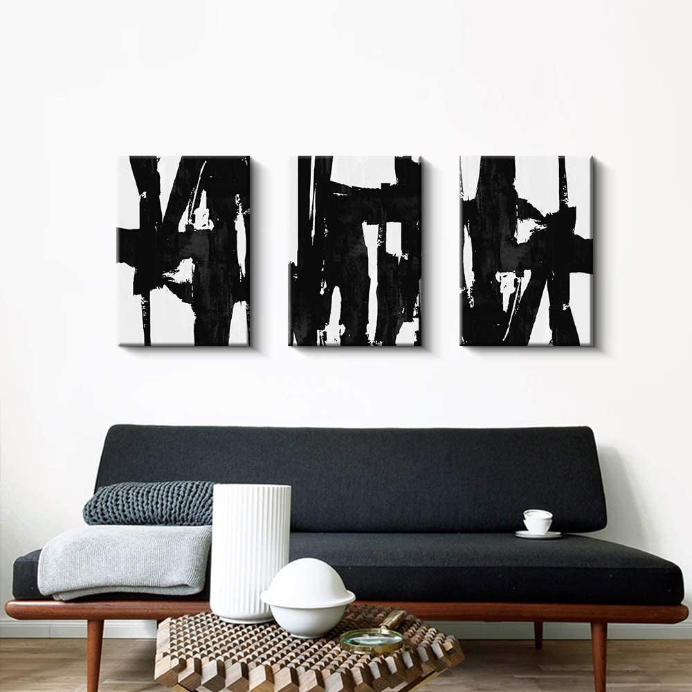 3 Panels Black and White Abstract Canvas Wall Art Prints 3D Textured Painting for Living Room (Large)