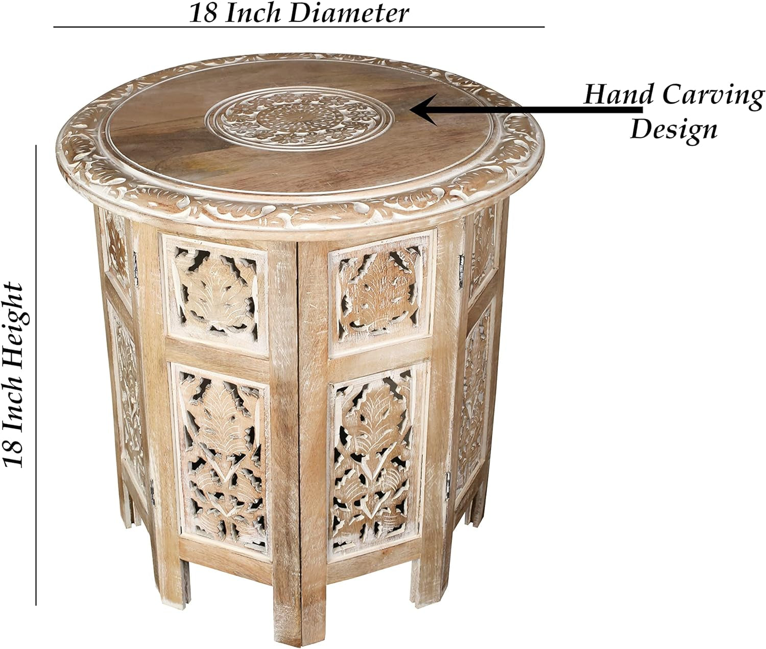 Round Side Table,Small Table, round End Table,Side Table, Side Tables Living Room,End Table,Altar Table, Carved Side Table,Wood Accent Table,Carved Wood Table 18" round Top X 18" High White Wash