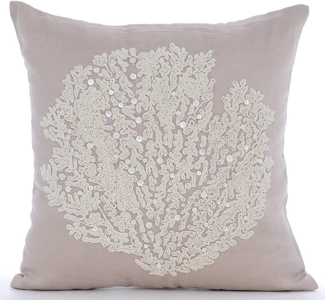 22X22 Inch (55X55 Cm) Pillows Cover, Mocha Throw Pillows Cover, Beaded Sea Weeds Sea Creatures Ocean & Beach Theme Pillows Cover, Cotton Linen Square Pillow Cases, Floral - Pearl Weeds