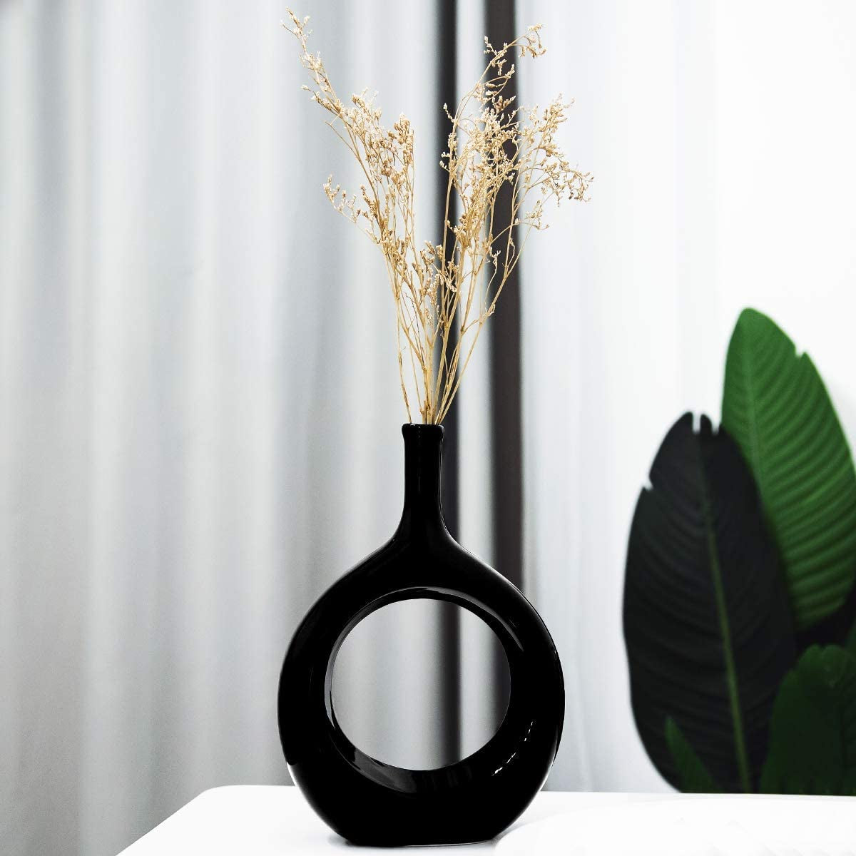 Samawi 10" Black Vase Black Ceramic Vase Black Decor Black Vase Set Black Flower Vase Black Vases for Decor Black Tall Vase Modern Living Room Decor Modern Vases for Home Decor Black Modern Vase