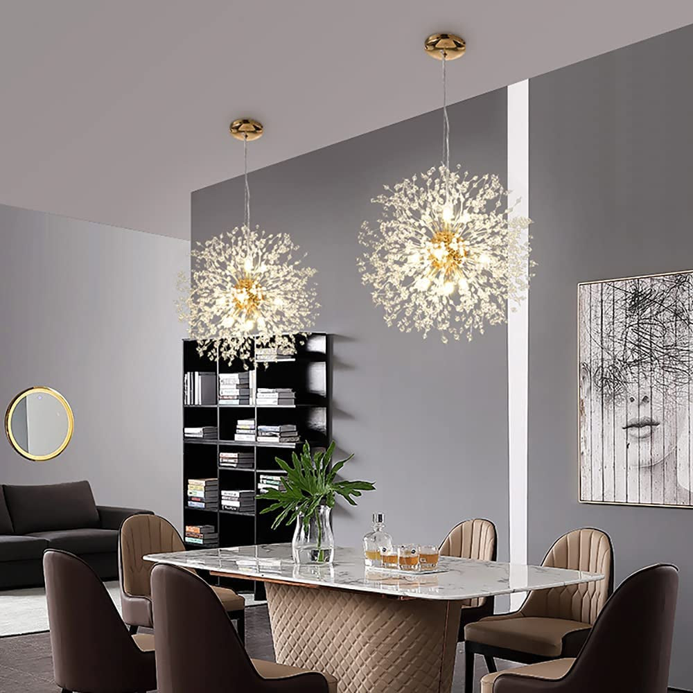 Modern Living Room Chandeliers,Gold Crystal Fireworks Sputnik Ceiling Light Fixture,9-Light Pendant Lighting for Dining Room Bedroom Bathroom Restaurant Kitchen Foyer Girls Room