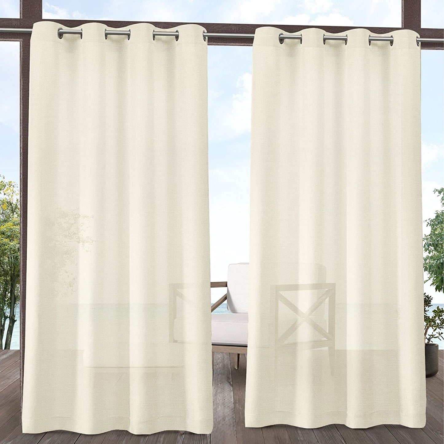 Miami Semi-Sheer Textured Indoor/Outdoor Grommet Top Curtain Panel, 54"X84", Ivory, Set of 2