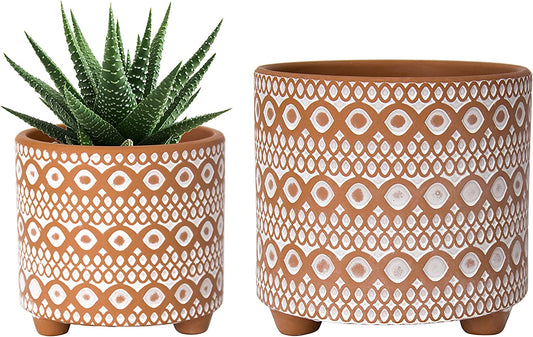 Set of 2 Terracotta Planter Pots, 4 Inch & 6 Inch, Modern Design Plants Pot with Drainage Hole, Terracotta/White, 31-953-B-1