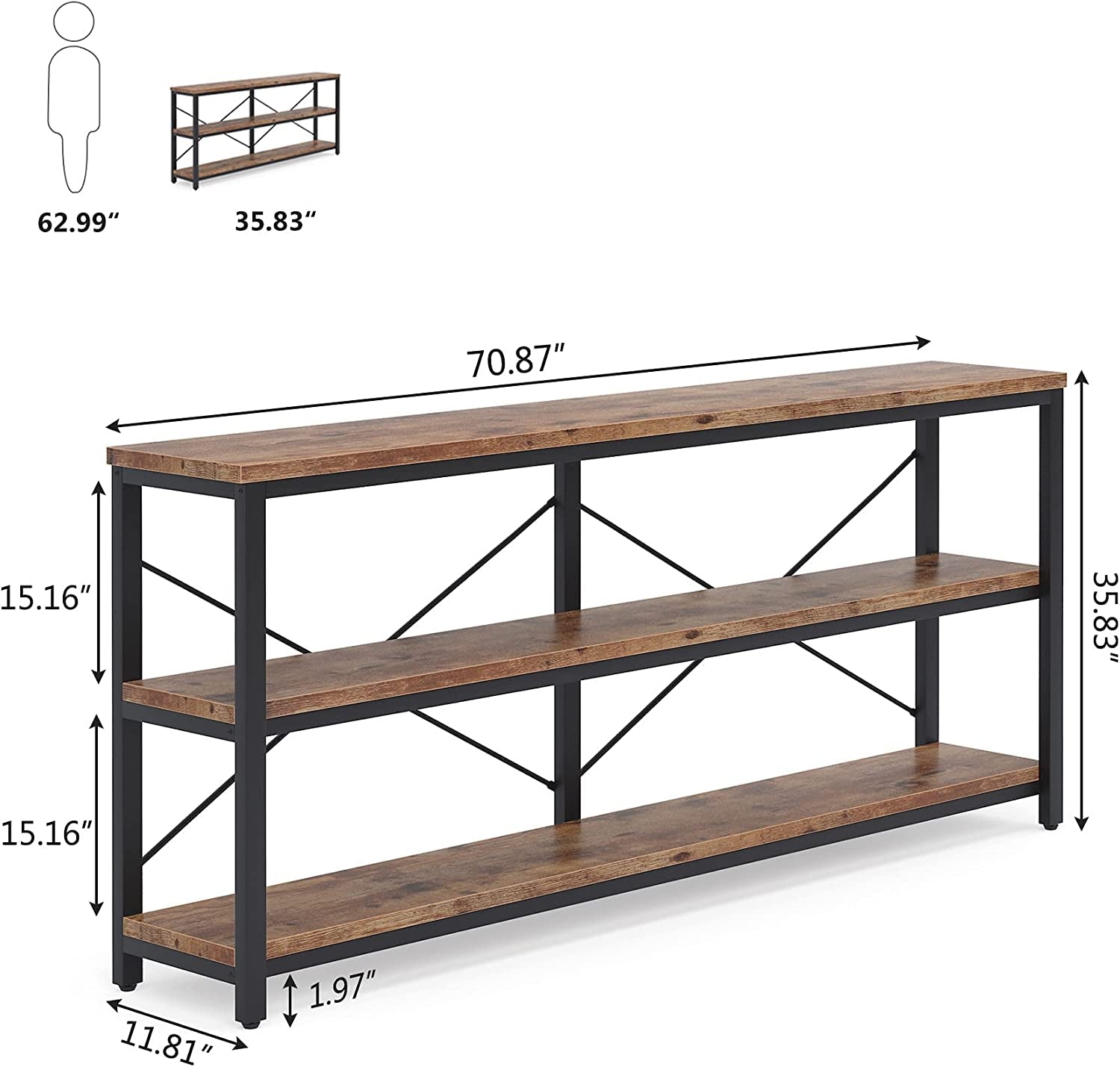 71" Sofa Tables,Extra Long Couch Table, Narrow Long Console Table, Entryway Table,Sofa Table with 3 Tiers Storage Shelves (Rustic Brown)