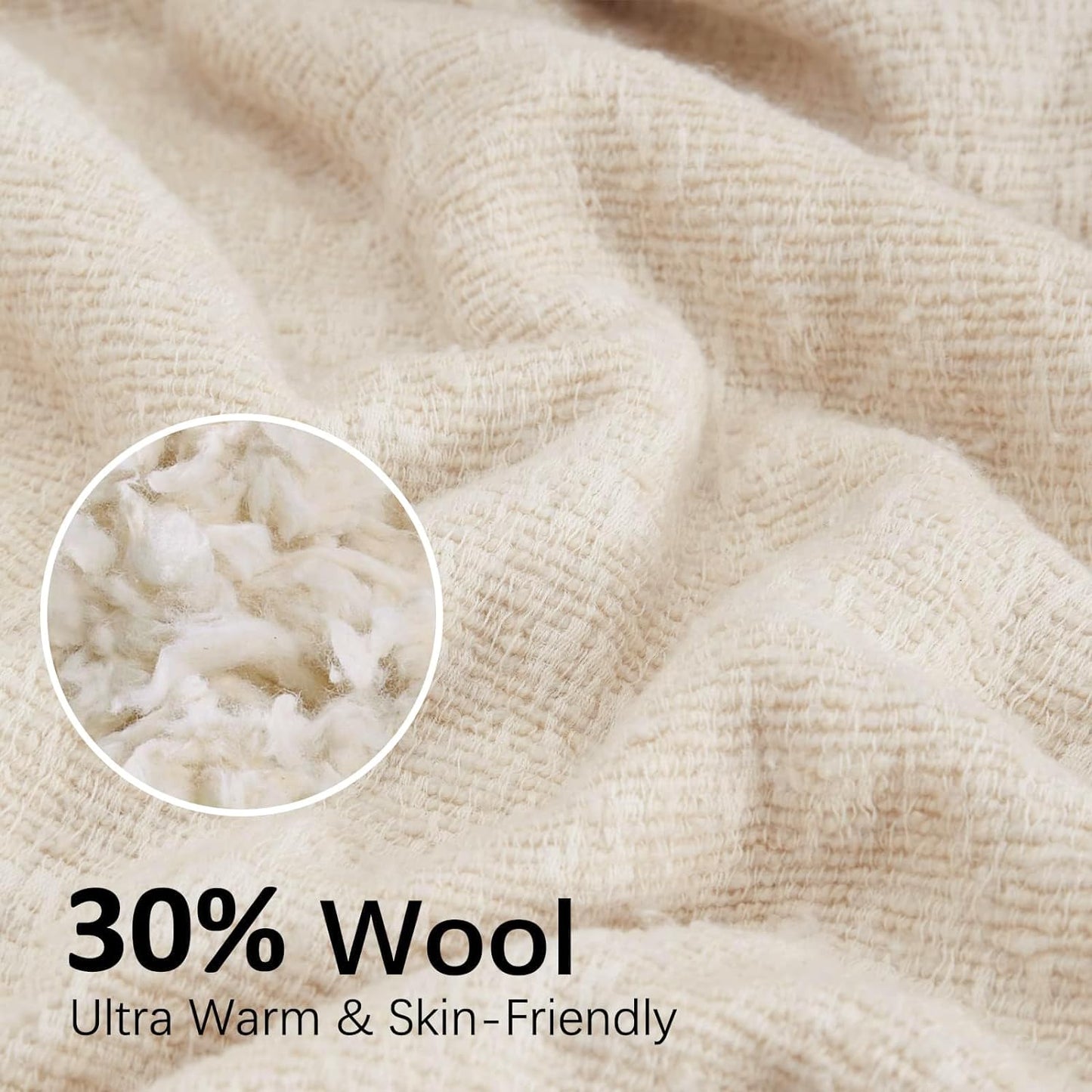 Throw Blanket, Reversible Sherpa Blanket with 30% Wool and 70% Cotton, Fuzzy Plush Fluffy Soft Blanket, Fall Winter Blanket for Couch Bed Sofa Chair (Cream, 50" X 60")