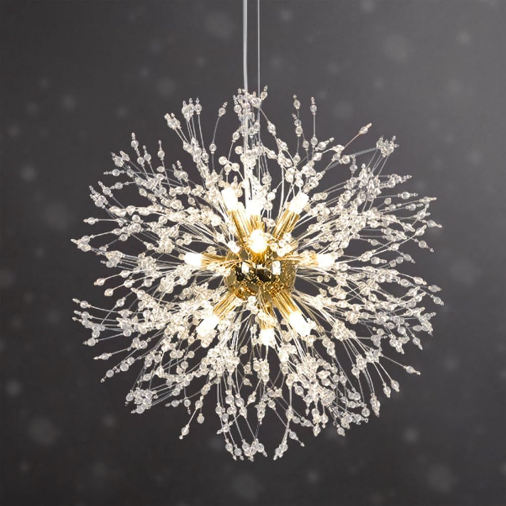 Modern Living Room Chandeliers,Gold Crystal Fireworks Sputnik Ceiling Light Fixture,9-Light Pendant Lighting for Dining Room Bedroom Bathroom Restaurant Kitchen Foyer Girls Room