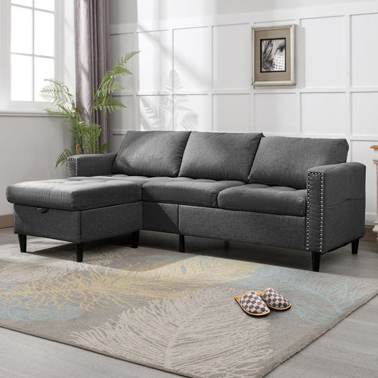 Reversible Sectional Couch, Set 3 Seat L Shaped Modular Sleeper Sofa Bed with Flexible Storage Ottoman Chaise, Modern Sofa Couches for Living Room/Apartment/Office - Dark Grey