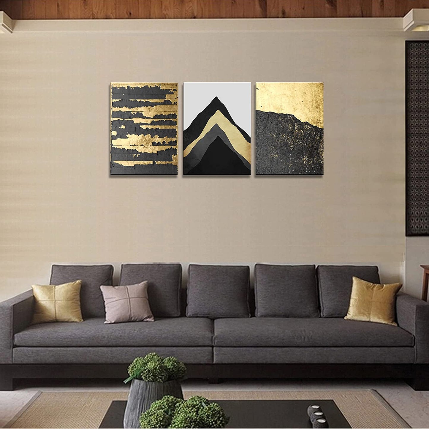 A73734 Abstract Black Gold Mountain 12X16 Inchx3 Panels Canvas Prints Wall Art for Living Room Bedroom Decoration Home Decor