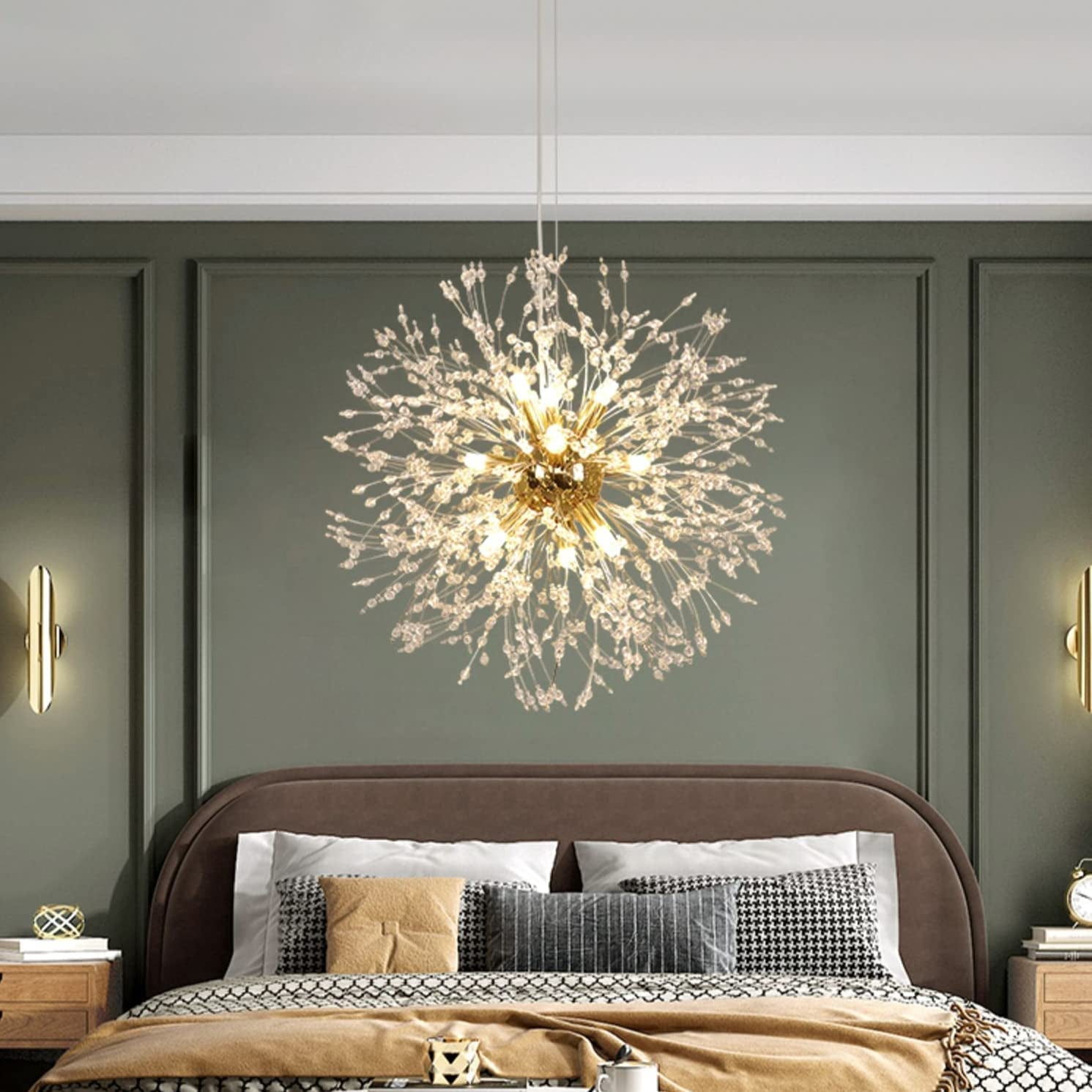 Modern Living Room Chandeliers,Gold Crystal Fireworks Sputnik Ceiling Light Fixture,9-Light Pendant Lighting for Dining Room Bedroom Bathroom Restaurant Kitchen Foyer Girls Room