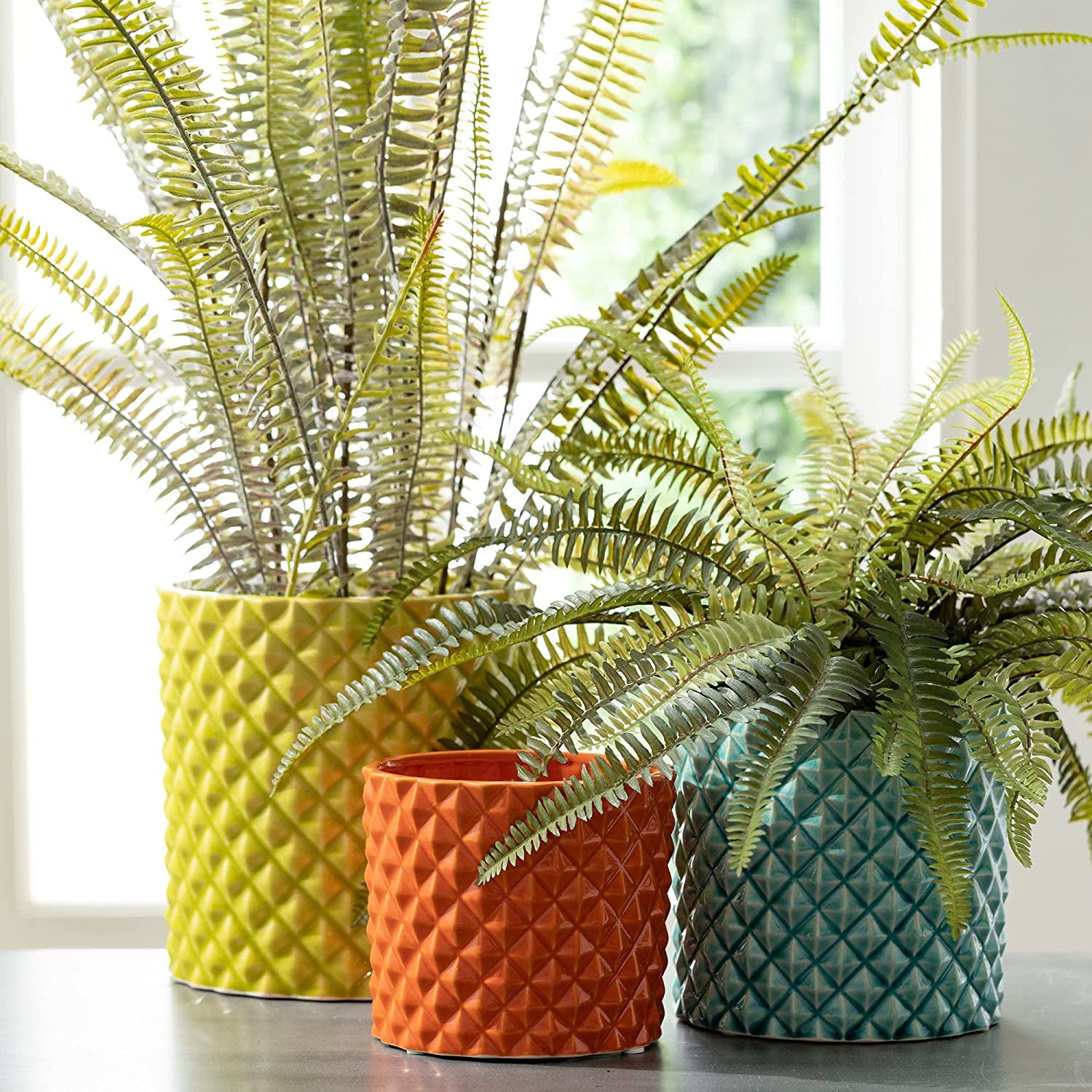 Ceramic Planter Set - 3 Small Planters, Contemporary Home Décor, Modern Farmhouse, Ideal Shelf Décor, Table Décor, Bookshelf, Mantle, Entryway – Yellow, Aqua & Orange (CM2976)