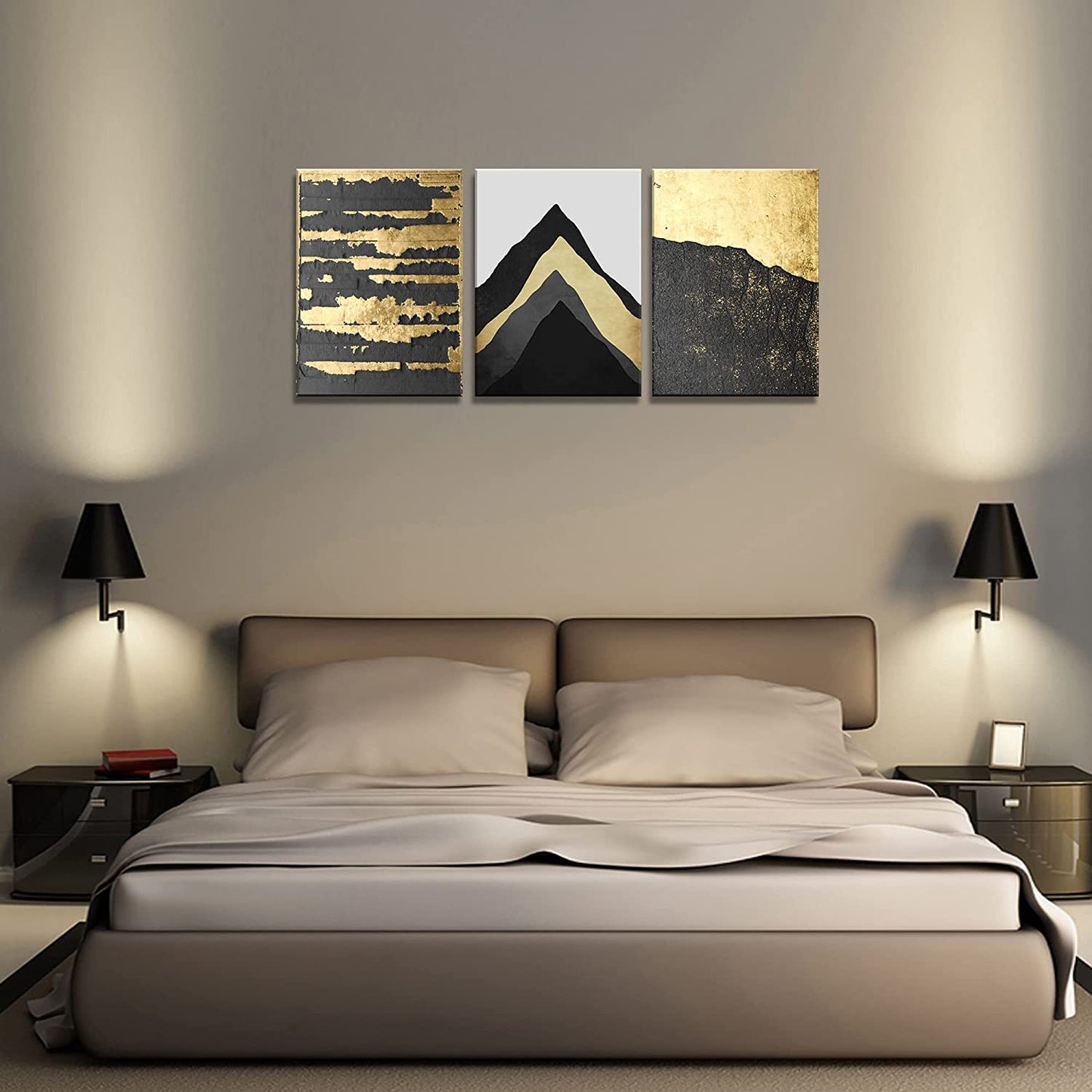 A73734 Abstract Black Gold Mountain 12X16 Inchx3 Panels Canvas Prints Wall Art for Living Room Bedroom Decoration Home Decor