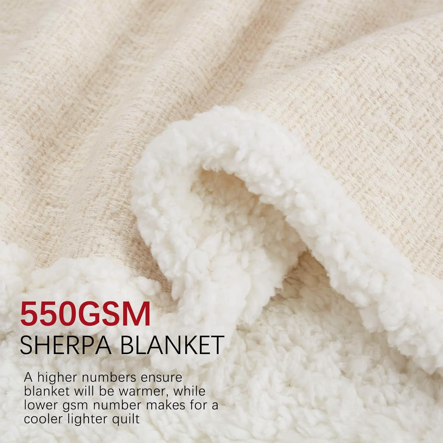 Throw Blanket, Reversible Sherpa Blanket with 30% Wool and 70% Cotton, Fuzzy Plush Fluffy Soft Blanket, Fall Winter Blanket for Couch Bed Sofa Chair (Cream, 50" X 60")