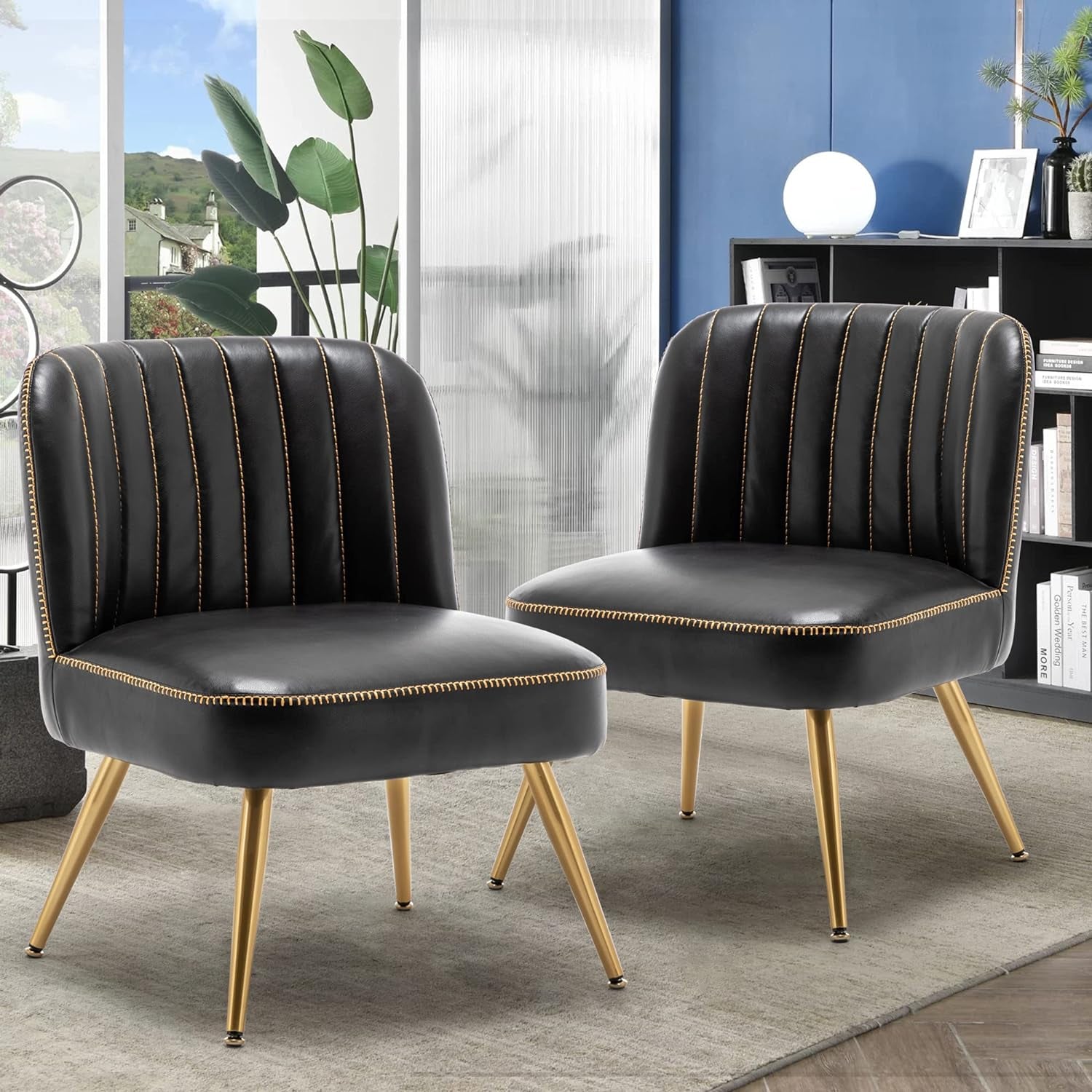 Faux Leather Accent Chairs Set of 2, Upholstered Living Room Chairs Modern Side Chairs Armless Chairs with Metal Legs (Black, Set of 2)