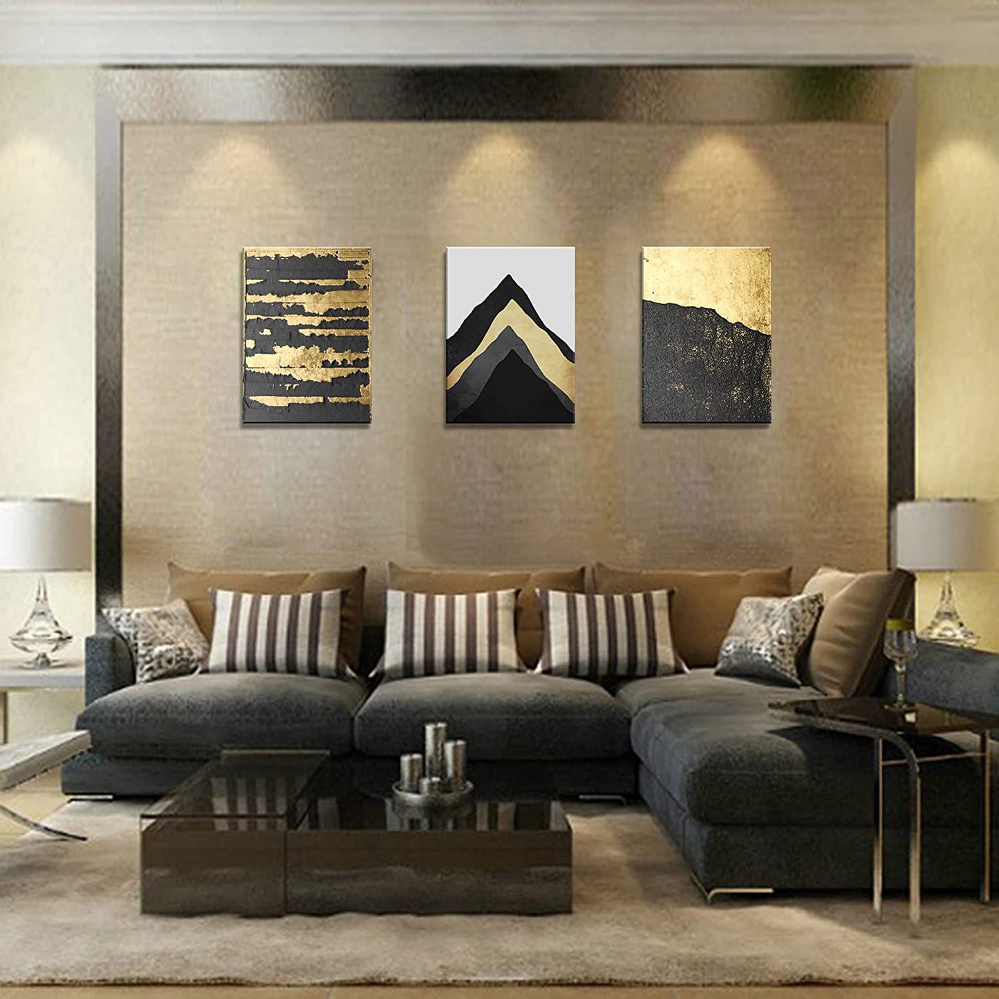 A73734 Abstract Black Gold Mountain 12X16 Inchx3 Panels Canvas Prints Wall Art for Living Room Bedroom Decoration Home Decor