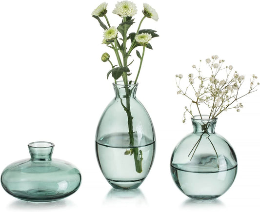 Green Glass Bud Vase, 3Pcs/Set Modern Decorative Small Mini Flowers Vases Short Minimalist Aesthetic Home Decor Vintage Cute Handmade Tiny Wedding Table Centerpieces for Single Flower Rose