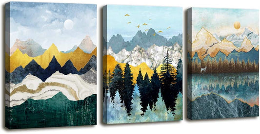 Abstract Geometric Mountain Watercolor Painting Wall Decoration for Bedroom 3 Piece 12" X 16" Abstract Canvas Wall Art for Living Room Modern Canvas Prints Kitchen Bathroom Wall Decor Office Home