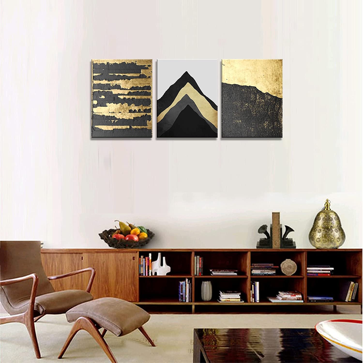 A73734 Abstract Black Gold Mountain 12X16 Inchx3 Panels Canvas Prints Wall Art for Living Room Bedroom Decoration Home Decor