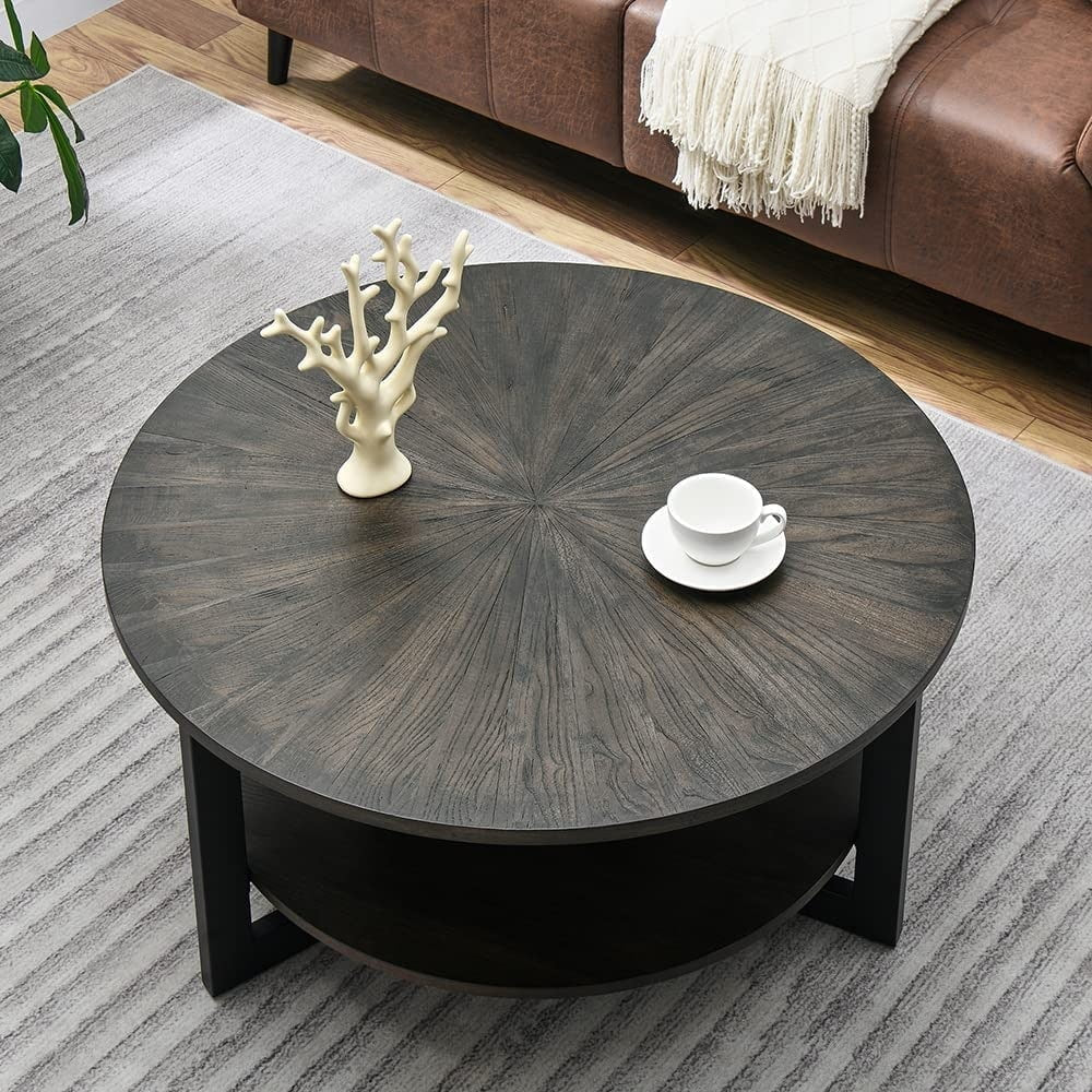 Round Coffee Table with Solid Wood Storage Circle Center Table Rustic Black Coffee Table Wood N/A Rustic Wood Coffee Tables, End Tables