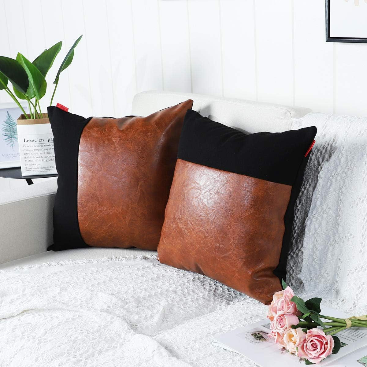 Set of 2 Luxury Boho Decorative Throw Pillow Covers Cushion Cases Faux Leather and Cotton Farmhouse Pillowcases for Couch Sofa Bed 16X16 Inches Brown Black