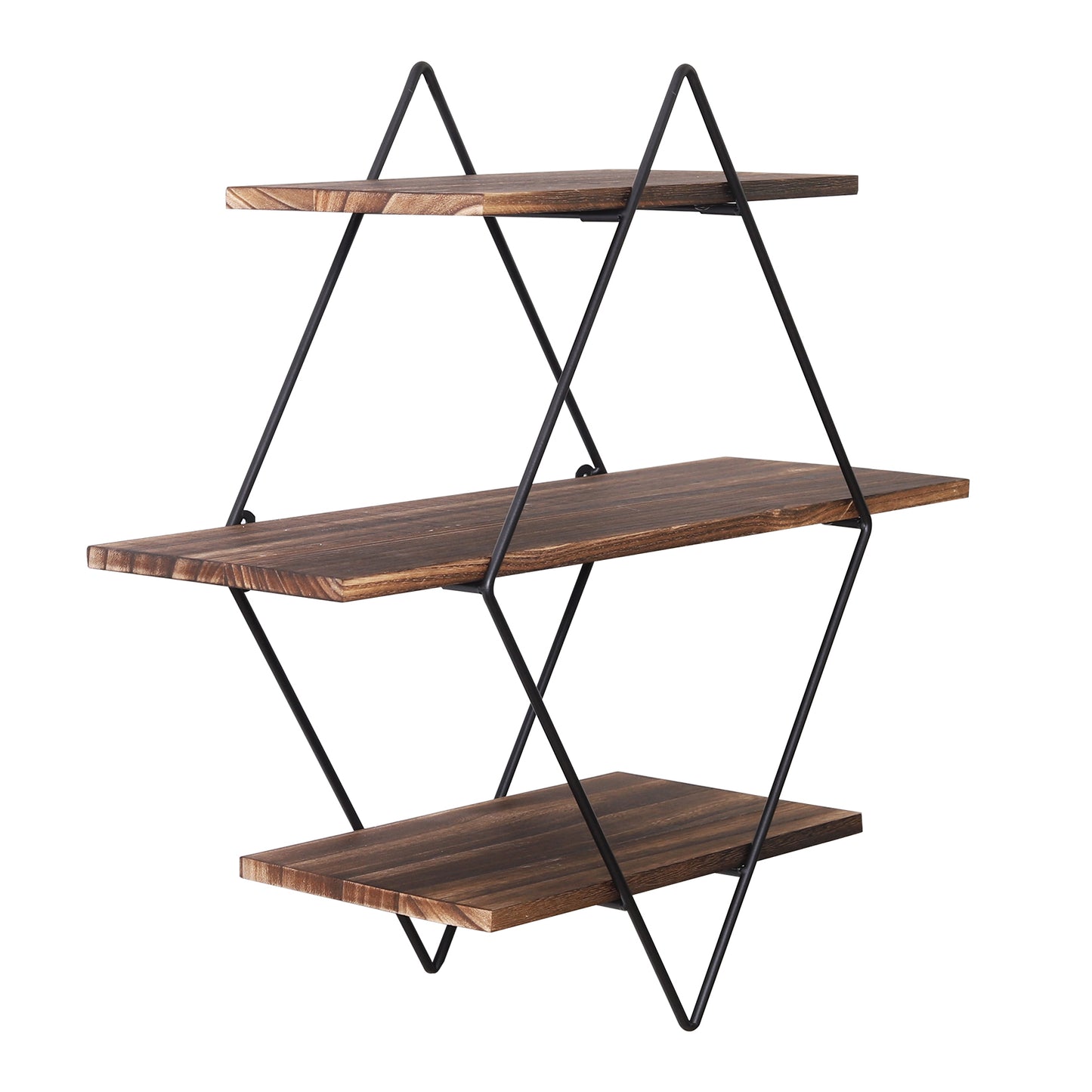 3 Tier Industrial Geometry Wood Floating Shelf Heavy Duty Hanging Wall Mounted Unit