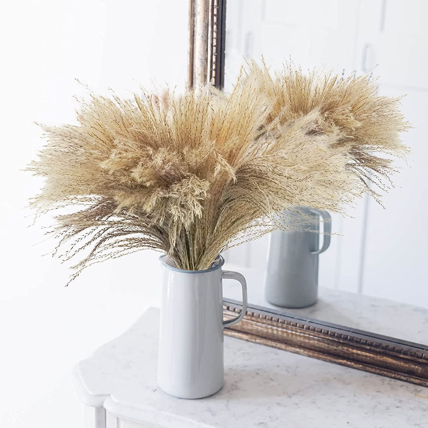 100Pcs Natural Dried Pampas Grass Plume 17Inch Tall Dried Flowers Large Faux Reed Artificial Plants for Wedding Flower Arrangements Farmhouse Wreath Door Centerpiece Home Décor Brown