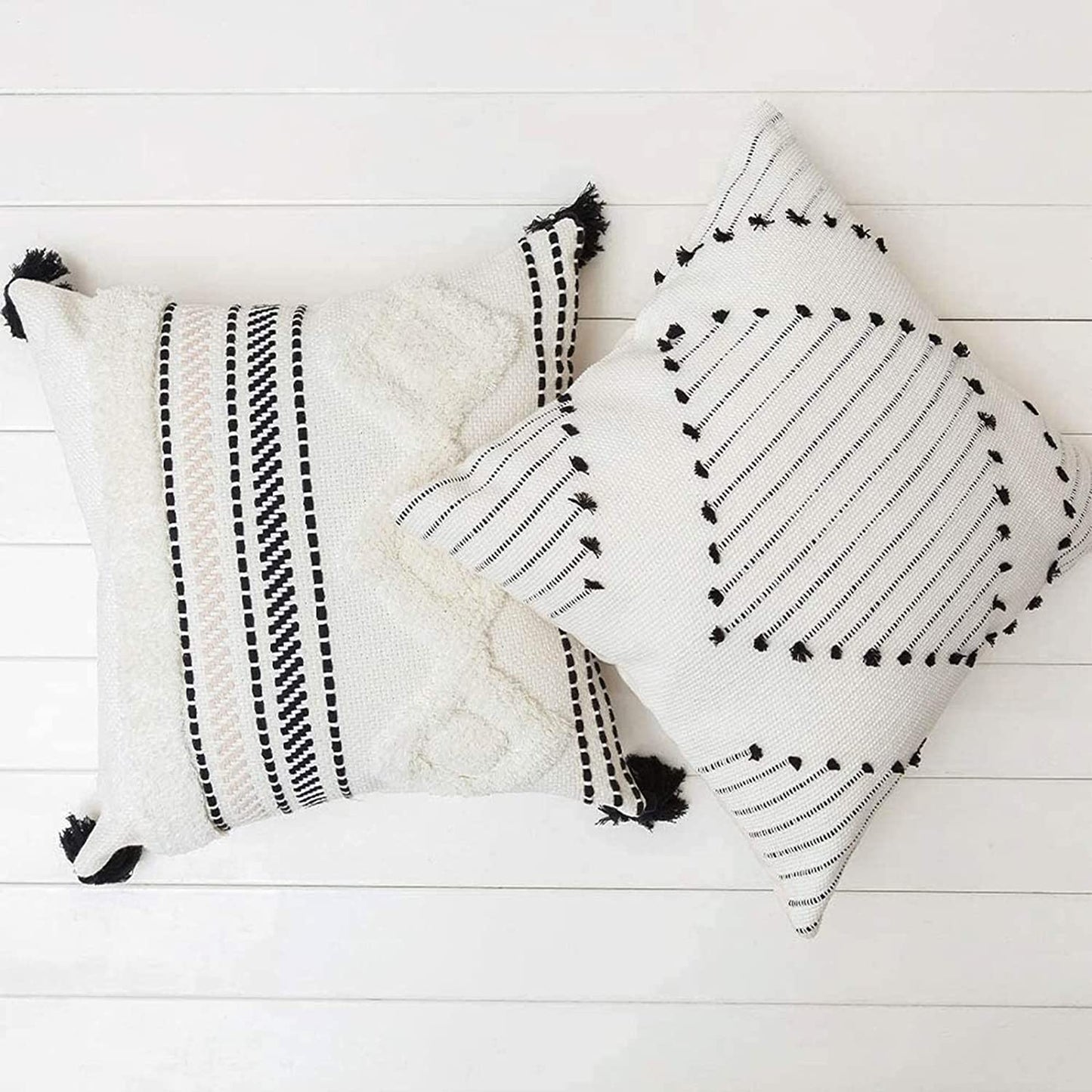 Boho Throw Pillow Covers, Black and Cream White, Set of 2 Modern Farmhouse Accent Home Decor, Neutral Woven Decorative Pillow Covers for Couch/Bed (20 X 20 Inches, Ivory/Black)