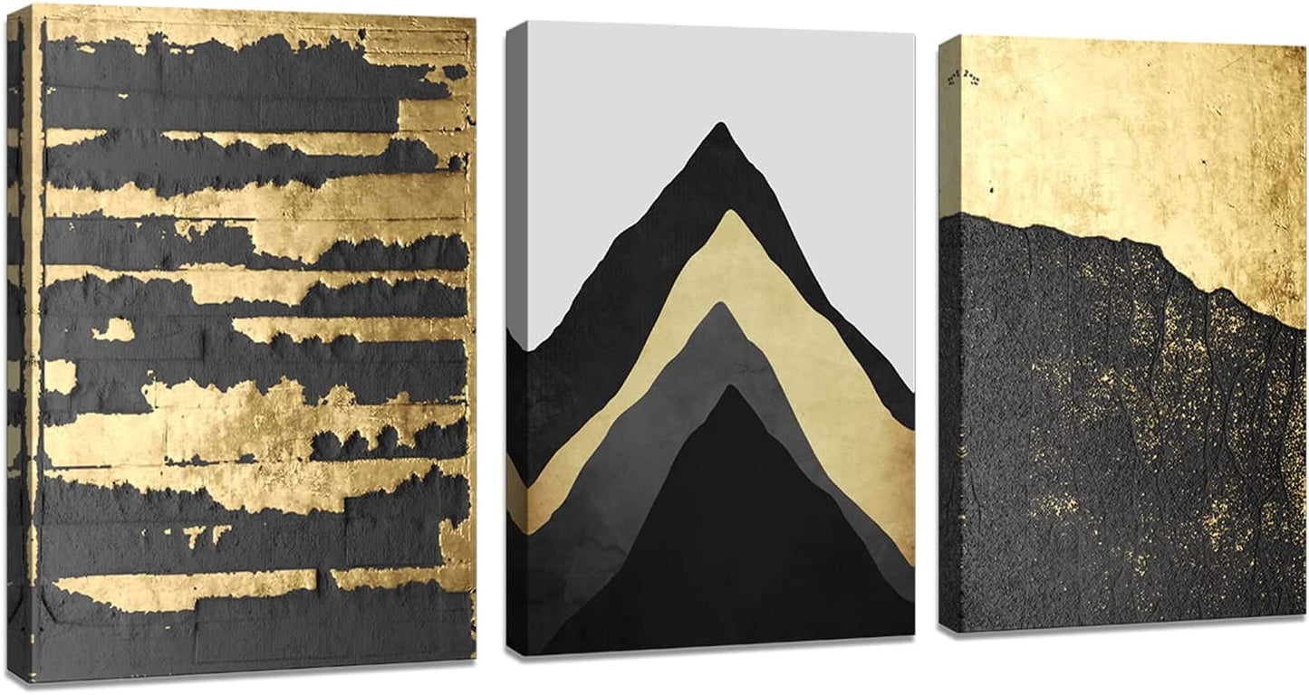 A73734 Abstract Black Gold Mountain 12X16 Inchx3 Panels Canvas Prints Wall Art for Living Room Bedroom Decoration Home Decor