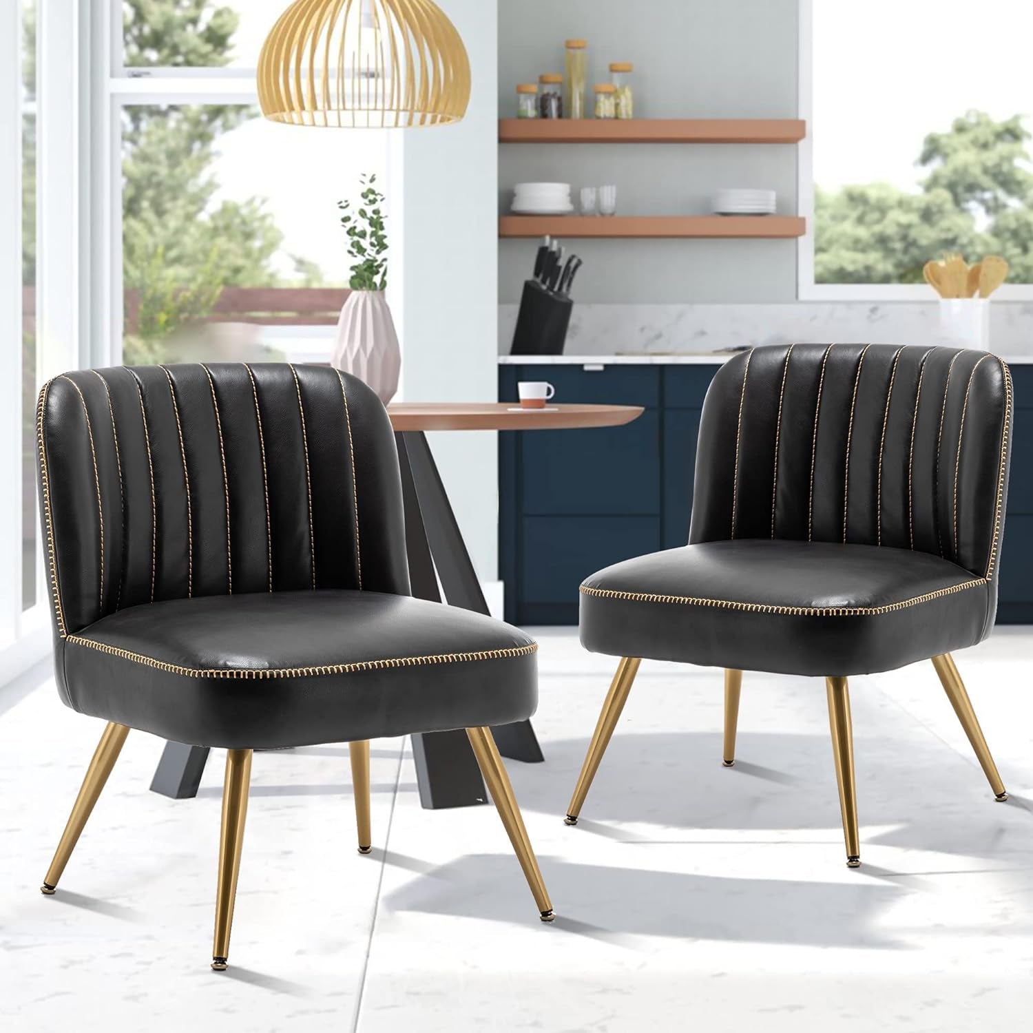 Faux Leather Accent Chairs Set of 2, Upholstered Living Room Chairs Modern Side Chairs Armless Chairs with Metal Legs (Black, Set of 2)