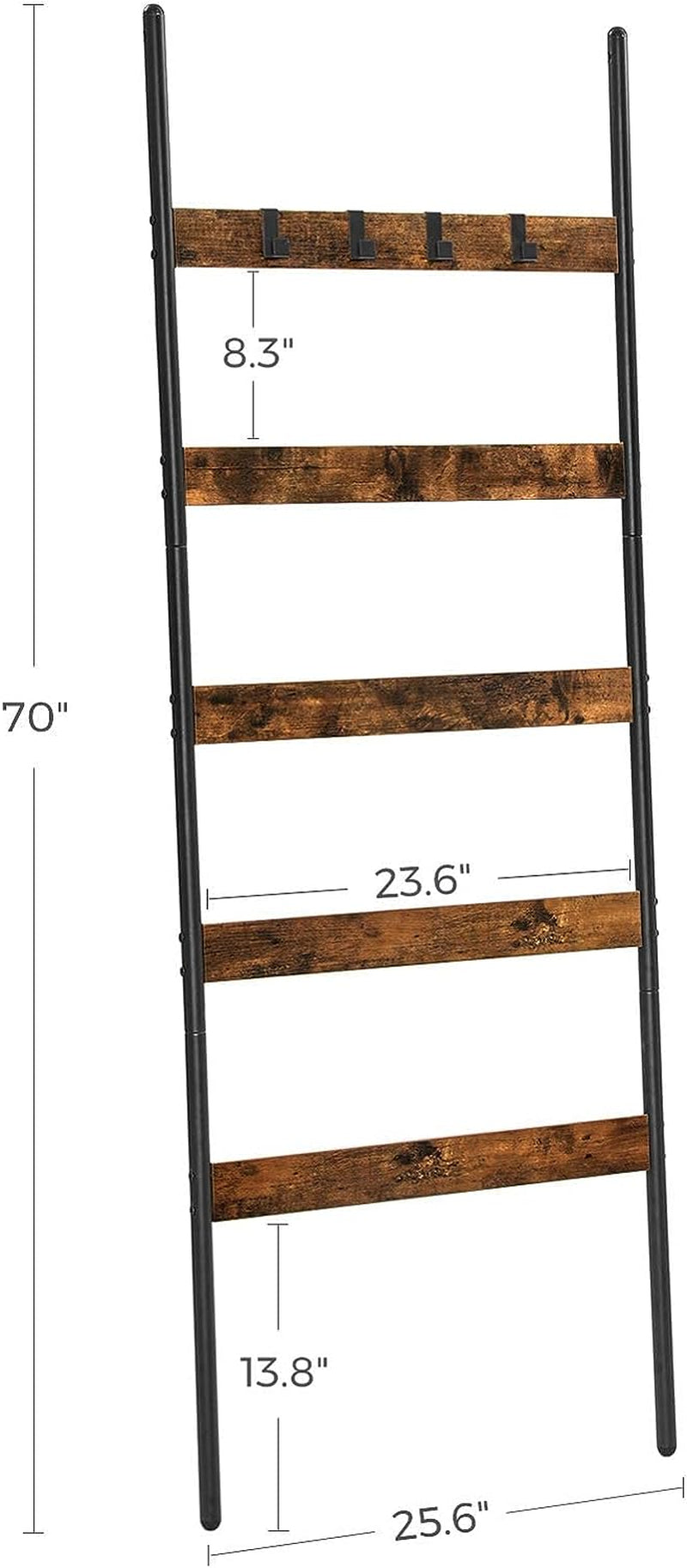 Blanket Ladder, 5-Tier Ladder Shelf, Wall-Leaning Rack, Steel, 25.6 Inch Wide, Scarves, Industrial Style, Rustic Brown and Black ULLS011B01