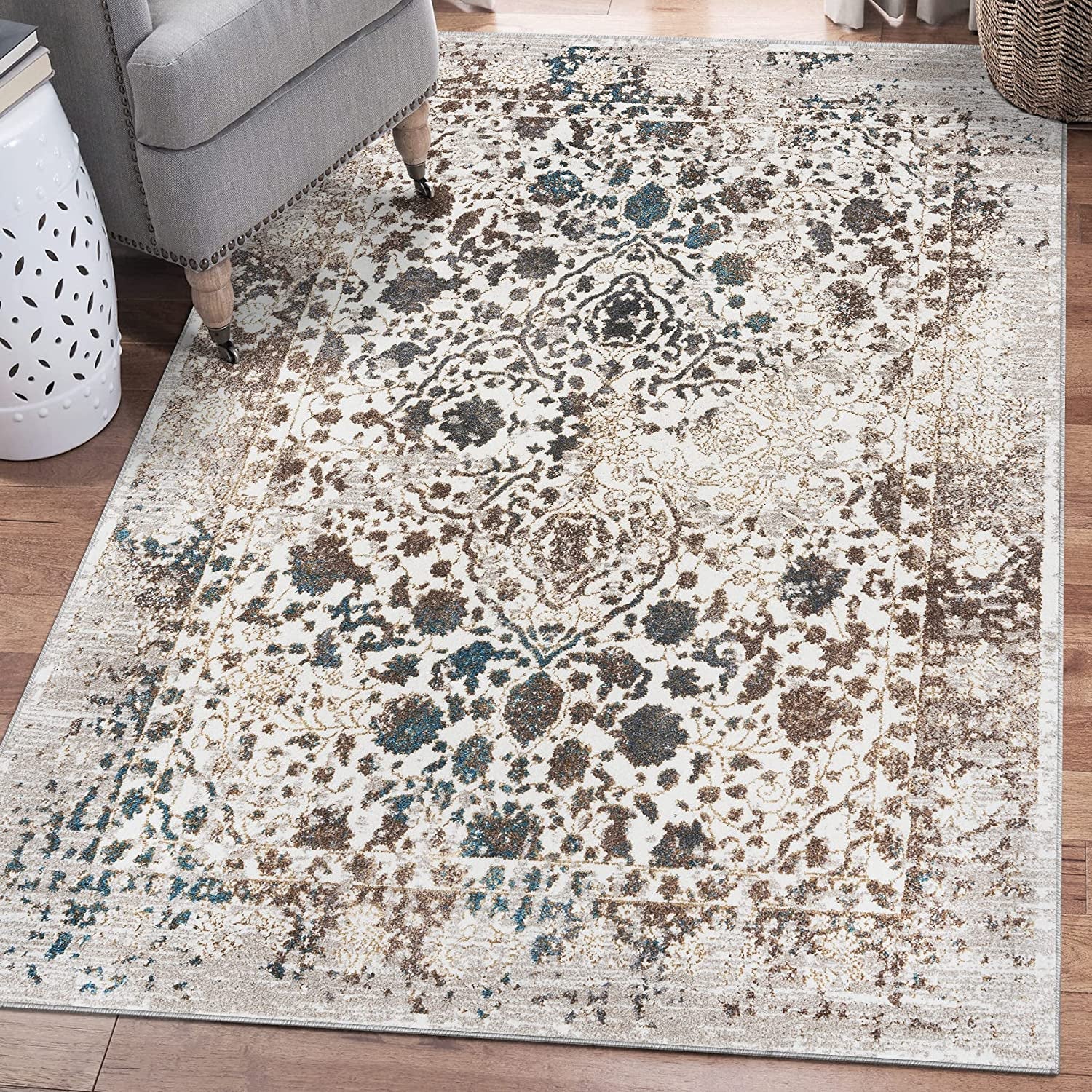 Rug 6495 – Distressed Floral Area Rug, Cream 9X12